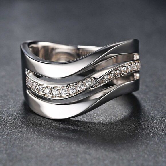 Refine Three Layers Wave Zircon Macro Pave Rings for Women, PD389 - Picture 2 of 5